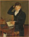 Possibly American School Early 19th Century Portrait of a Young Man Seated at a Table Sketching with a Compass
