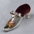 Whimsical Victorian Shoeform Sterling Silver and Scottish Agate Pincushion