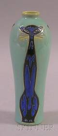 Midcentury Cat Decorated Glazed Art Pottery Vase