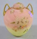 Late Victorian Enamel Floral Decorated Peachblow Art Glass Jar with Cover