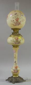 Late Victorian Metalmounted Transfer and Enamel Floral Decorated Opaque Molded Glass Kerosene Table Lamp with Globular Shade