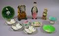 Ten Majolica Glazed Items and a Painted Ceramic Figural Tobacco Humidor