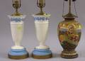 Pair of Wedgwood Embossed Queens Ware Vase Table Lamps and a Modern Satsuma Table Lamp