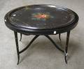 Victorian Oval Gilt and Handpainted Floral Decorated Papiermache Tray on Ebonized Stand