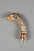 Russian Goldwashed Silver Enamel and Stoneset Eagle Head Cane Handle