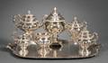 Six Piece Empire Coin Silver Tea Service with Silverplated Tray