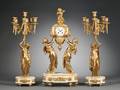 Three Piece Louis XVstyle French Bronze and Alabaster Clock Garniture