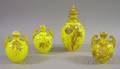 Group of Three Crown Derby Gilt Enamel Decorated Yellow Glazed Porcelain Vases with Scroll Handles and an Urn with Cover