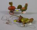 Lehmann Lithographed Tin Windup Rooster and Rabbit Duo Cart and a Painted Tin Climbing Monkey Pull Toy