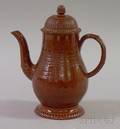 Glazed Molded and Comb Decorated Redware Footed Coffeepot
