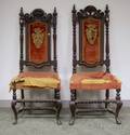 Pair of Spanish Baroquestyle Applique and Velvet Upholstered Carved and Turned Walnut Side Chairs