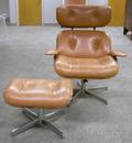 Eamesstyle Beige Leather Upholstered Walnut Veneer Lounge Chair and Ottoman