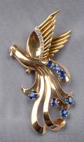 18kt Gold Sapphire and Diamond Bird Brooch France