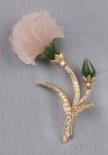 18kt Gold Carved Rose Quartz Nephrite and Diamond Flower Brooch