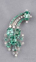 Platinum Emerald and Diamond Clip Brooch
