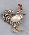 Antique Pearl Diamond and Enamel Hen Brooch