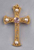 Antique 14kt Gold Pink Topaz and Pearl Cross Pendant