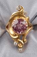 Art Nouveau 14kt Gold Pink Tourmaline and Diamond Ring