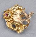 Art Nouveau 14kt Gold and Enamel Watch Pin