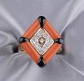 14kt Gold Coral Onyx and Diamond Ring
