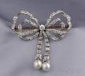 Edwardian Diamond and Pearl Ribbon Brooch