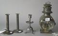 Four pcs of early lighting to include 2 similar hogscraper candlesticks