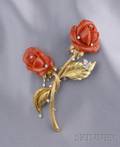 18kt Gold Coral and Diamond Rose Brooch Designed by Charles Vaillant