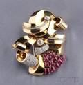 Retro 14kt Gold Ruby and Diamond Clip Brooch