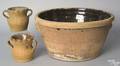 Three pcs of redware to include a large crock and 2 smaller pots with crimped edges