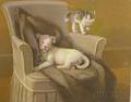 Unframed Oil on PaperBoard of a Puppy and Kitten by George Frederick Kaber American 1860c 1945