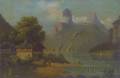 Unframed Oil on Canvas Landscape with a Cottage on a Riverbank and Distant Mountains Attributed to August 