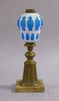 Cased WhiteCuttoTurquoise Glass Oil Lamp with Brass and Marble Base