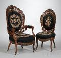 Two Beltertype Victorian Rococo Revival Needlepoint Upholstered Carved Rosewood Laminated Parlor Chairs