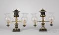 Pair of Empire Partebonized Brass Argand Table Lamps with Etched Glass Shades