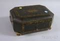 Chinese Export Gilt Decorated Black Lacquered Footed Sewing Box with Carved Ivory Sewing Accoutrements