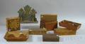Two Wooden Cutlery Trays a Small Bluepainted Carved Wooden Wall Shelf and Six Wooden Boxes