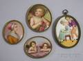 Three Miniature Handpainted Portraits on Porcelain and a Kate Greenawaytype Painted Parian Plaque of Children