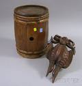Victorian Carved Walnut Hanging Game Birds Ornament and a Superior Mixing Powder Birchbound Wooden Keg