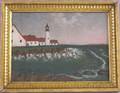 Framed American School Oil on Panel Coastal Scene with Lighthouse