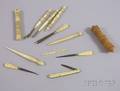 Eleven Carved Bone and Ivory Needlework Utensils and a Carved Resin Needle Case