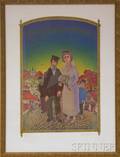 Framed Color Lithograph of a Jewish Wedding Scene on a Village Street