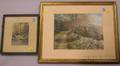 Two Framed Handcolored Landscape Photographs and a Walnut Framed Mirror