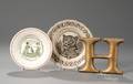 Two Transferdecorated Pottery Childrens Plates and a Carved Wooden Letter H