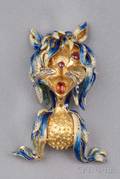 18kt Gold Ruby and Enamel Figural Brooch