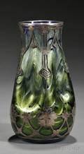 Art Nouveau Silver Overlay Iridescent Glass Vase