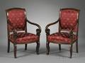 Pair of French Empire Walnut Fauteuil en Cabriolet