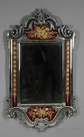 Venetian Colorless and Red Enameled Glass Mirror