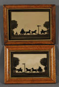 British School 19th20th Century Lot of Two Reversepainted Silhouettes of Coaching Scenes The Tandem 1830