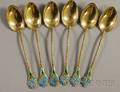 Set of Six Gorham Goldwashed and Enameled Sterling Silver Demitasse Spoons