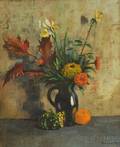 20th Century Oil on Canvas Still Life of Garden Flowers in a Pitcher